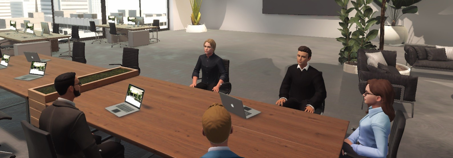 A group of ReSocialize avatars sitting around a conference table in a ReSocialize online office. They could be hosting a training session for ReSocialize Academy